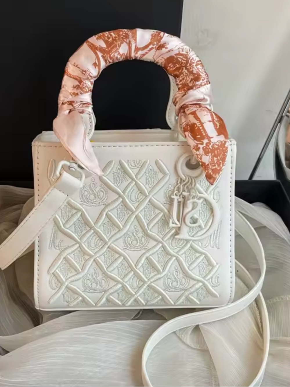 White Quilted Mini Top-Handle Bag with Silk-Wrapped Handle